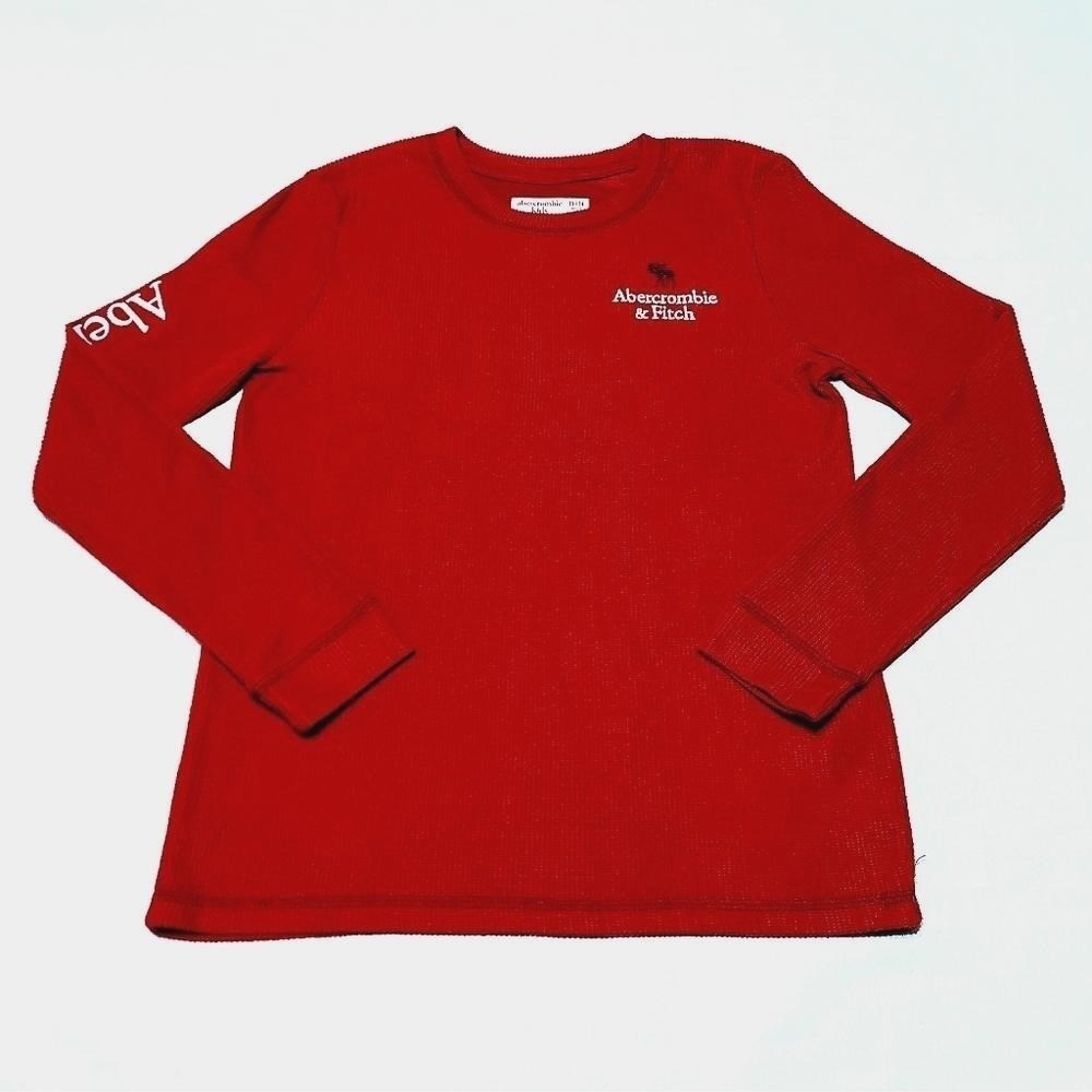 Abercrombie Kids Red Waffle Knit Long Sleeve Thermal Shirt Logo Graphic 13/14